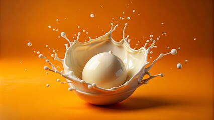 A creative and playful concept of a milk splash in the shape of an egg on an orange background
