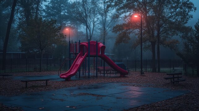 An empty playground at dusk, [loss of innocence], [childhood memories tinged with sadness]