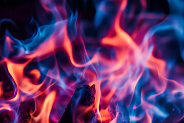 Abstract close-up of blue and orange flames dancing over burning embers.