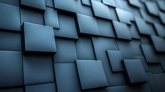 abstract composition featuring a geometric arrangement of metallic silver cubes, creating a reflective, futuristic wall. The cubes' precise alignment evokes a sense of order, technology, and minimalis