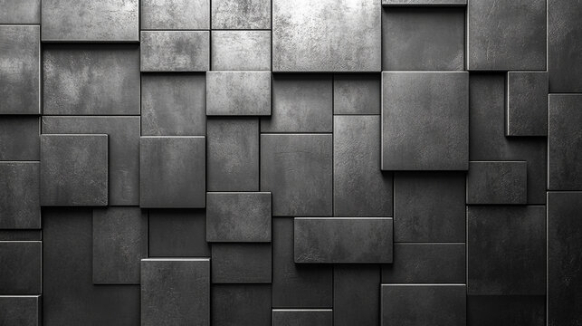 abstract composition featuring a geometric arrangement of metallic silver cubes, creating a reflective, futuristic wall. The cubes' precise alignment evokes a sense of order, technology, and minimalis