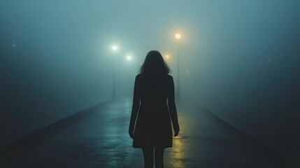 Silhouette of a person walking away down a foggy street, [isolation], [farewell moment]