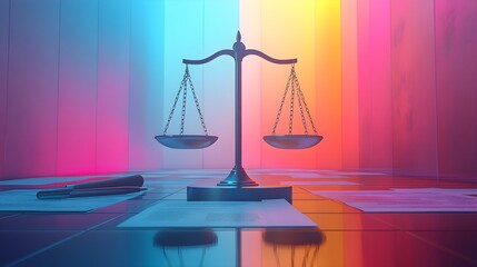 A justice-themed image with a balanced scale representing fairness and precision, surrounded by legal documents and measurement tools (focus on, rights and equity theme, vibrant,