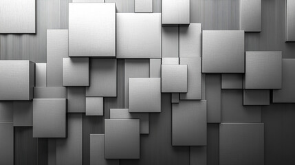 abstract composition featuring a geometric arrangement of metallic silver cubes, creating a reflective, futuristic wall. The cubes' precise alignment evokes a sense of order, technology, and minimalis