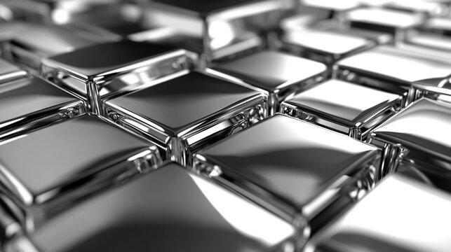 abstract composition featuring a geometric arrangement of metallic silver cubes, creating a reflective, futuristic wall. The cubes' precise alignment evokes a sense of order, technology, and minimalis