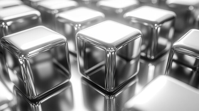abstract composition featuring a geometric arrangement of metallic silver cubes, creating a reflective, futuristic wall. The cubes' precise alignment evokes a sense of order, technology, and minimalis