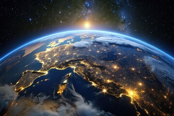 Fototapeta premium Earth from space at night glowing in a multitude of city lights and surrounded by darkness, isolated, city, space, technology, exploration, glowing, universe, civilization, lights, continent