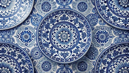 Elegant Asian-style porcelain background in indigo hues with intricate patterns and designs