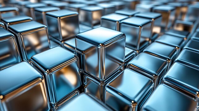 abstract composition featuring a geometric arrangement of metallic silver cubes, creating a reflective, futuristic wall. The cubes' precise alignment evokes a sense of order, technology, and minimalis
