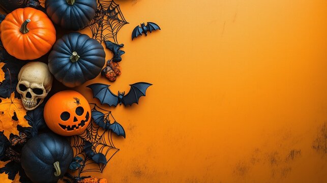  Fundo vibrante em laranja para design de Halloween com elementos cl&aacute;ssicos: ab&oacute;boras, caveiras, teias de aranha e morcegos. Espa&ccedil;o livre para texto, perfeito para criar designs energ&eacute;ticos e festivos