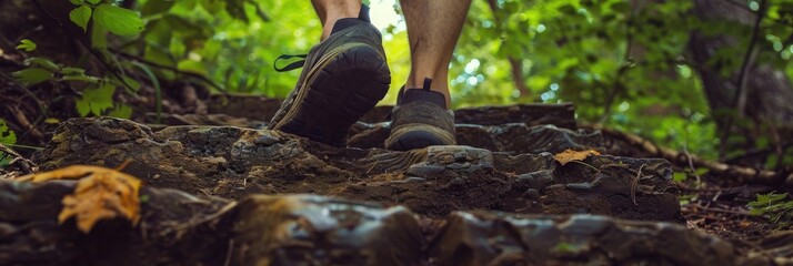 Individual ascending stairs in a natural setting, engaging in exercise and wellness within the forest. Person in footwear navigating steps among trees for training, trekking, and adventure pursuits.