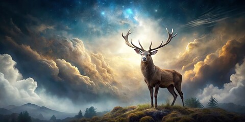 An epic fantasy scene featuring a majestic deer in a dramatic background