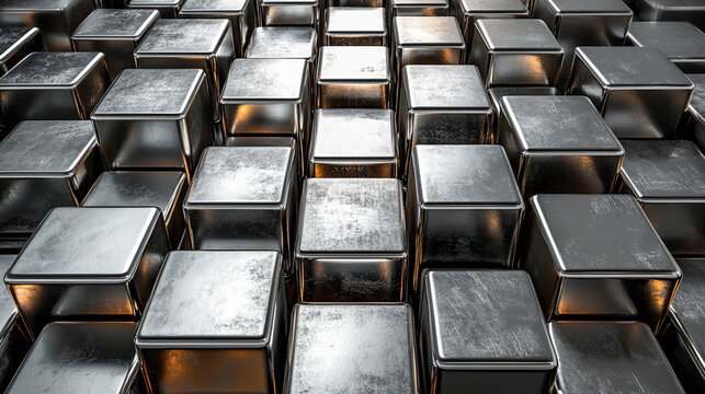 abstract composition featuring a geometric arrangement of metallic silver cubes, creating a reflective, futuristic wall. The cubes' precise alignment evokes a sense of order, technology, and minimalis