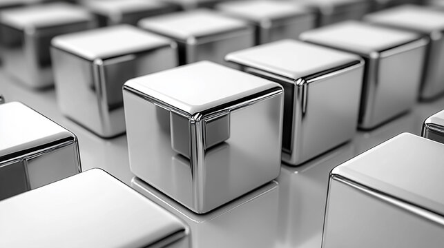 abstract composition featuring a geometric arrangement of metallic silver cubes, creating a reflective, futuristic wall. The cubes' precise alignment evokes a sense of order, technology, and minimalis