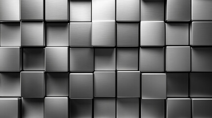 Fototapeta premium abstract composition featuring a geometric arrangement of metallic silver cubes, creating a reflective, futuristic wall. The cubes' precise alignment evokes a sense of order, technology, and minimalis