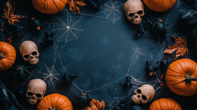 Fundo fotografico azul para design de Halloween com elementos cl&aacute;ssicos: ab&oacute;boras, caveiras, teias de aranha e morcegos. Espa&ccedil;o livre para texto, perfeito para criar designs enigm&aacute;ticos e modernos