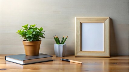 Fototapeta premium minimalist, photography, modern, styled, decor, A table top arrangement showcasing a blank picture frame a book a pen and a small pot plant captured from a wide angle perspective