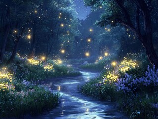 Obraz premium Enchanted Nighttime Forest River Pathway with Glowing Fireflies and Serene Atmosphere