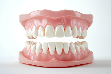 Obraz premium A close-up of a set of perfect, white teeth in a model of a human mouth, isolated on a white background.