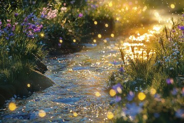 Fototapeta premium Serene Meadow Stream with Glowing Sunlight and Sparkling Water