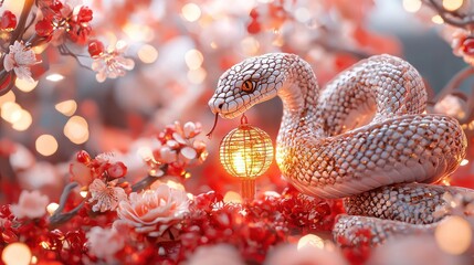 Obraz premium Mystical Coiled Snake with Glowing Lantern Tail Amid Chinese New Year Symbols - Intricate 3D Illustration, generative AI