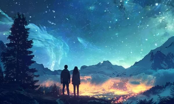 A couple stargazing in a remote wilderness area, spotting constellations and meteor showers in the night sky. Video