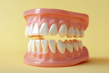 Obraz premium A close-up shot of a plastic model of a human jaw with teeth, on a bright yellow background.