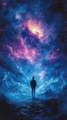 Fototapeta premium Space depicted in watercolor style with flowing gradients, starry backgrounds, and ethereal celestial forms.