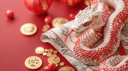 Fortune Uncoiled: 3D Snake from Chinese Silk Scroll with Gold Coins & Lanterns, generative AI