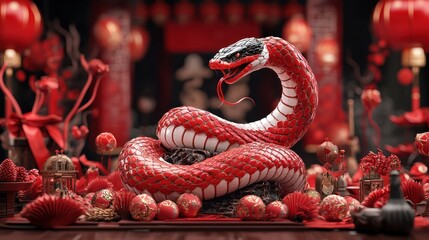 Fototapeta premium Serpent of Celebration: Red and Black Snake Coiled Around Dragon Statue Amid New Year Symbols in 3D Festive Scene, generative AI