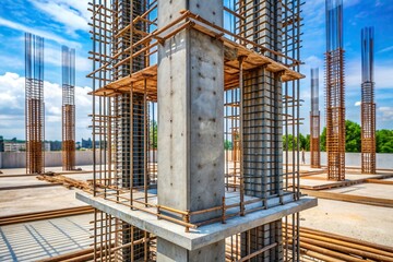 Concrete column with steel reinforcement Framing, building, construction site, construction, column, industrial, stability, material, strength, reinforced concrete