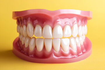 Obraz premium A close-up of a set of healthy, white teeth in a dental model, isolated on a yellow background.