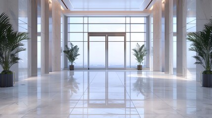 Modern Office Building Lobby with Glass Entrance and Indoor Plants. Contemporary and Bright Business Space Design.