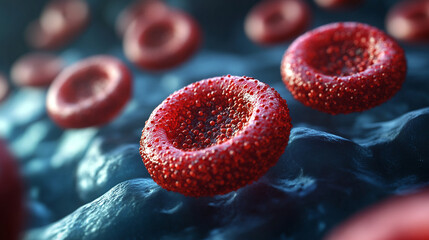 A highly detailed, microscopic view of blood cells flowing through an artery, highlighting the vibrant red cells and their movement. Perfect for scientific, medical, or biological purposes