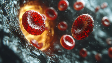 A highly detailed, microscopic view of blood cells flowing through an artery, highlighting the vibrant red cells and their movement. Perfect for scientific, medical, or biological purposes