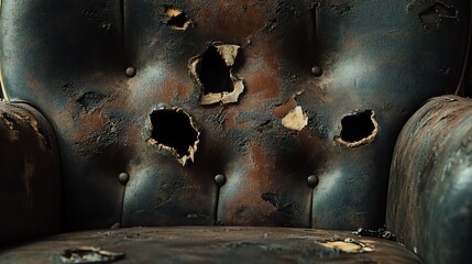 A series of bullet holes across a leather seat, with torn edges and exposed stuffing, creating a dramatic sense of a closerange encounter