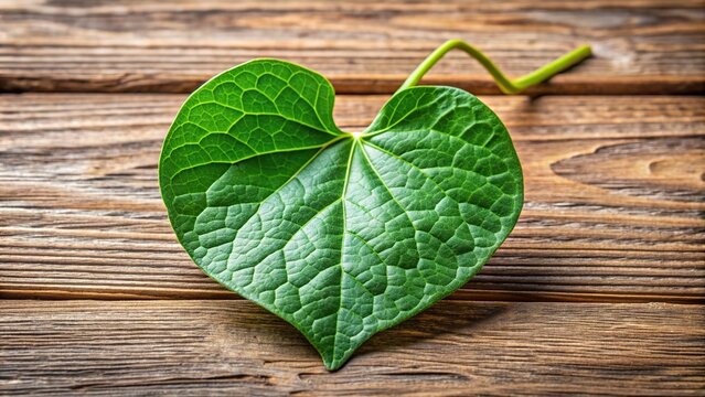 stock photo, A close up stock photo of Tinospora cordifolia herb also known as Heart leaved moonseed guduchi or giloy crispa placed on a wooden background with a shallow depth of field