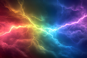 Abstract background with colorful lightning bolts on a dark cloudy sky.