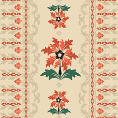 Ikat  floral pattern hand drawn on earth tone, Motif ethnic  floral seamless textil,  embroidery, print striped ornament floral, pattern, design for wrapping, silk, scarf, background, textile