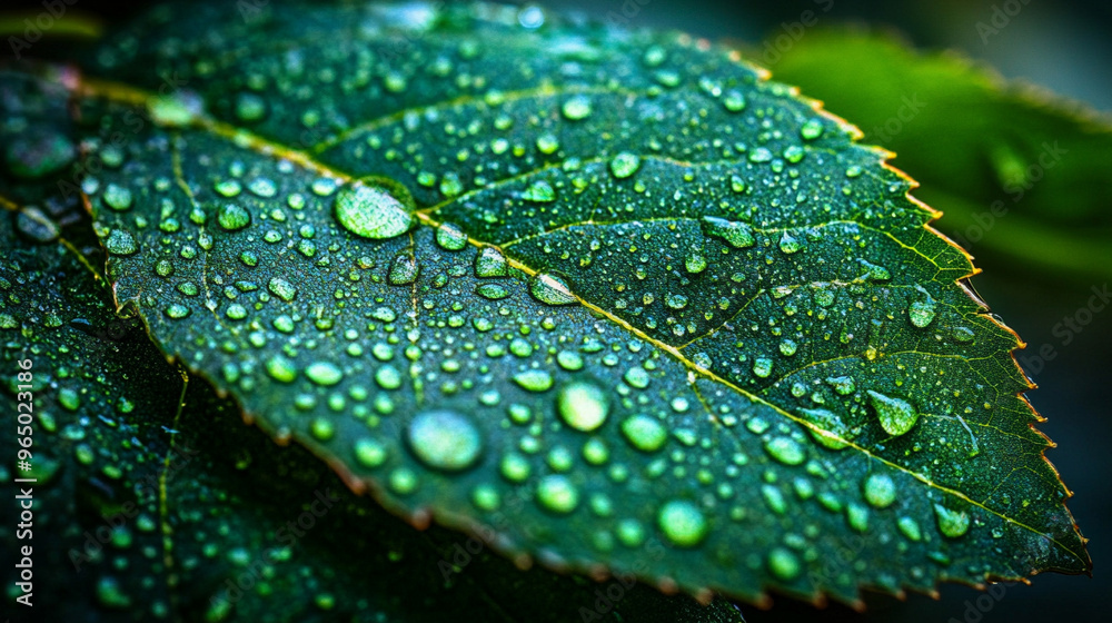 Poster green leaf adorned with glistening water droplets, symbolizing nature’s resilience and the cycle of life. Represents environmental sustainability, carbon reduction, and the beauty of natural elements