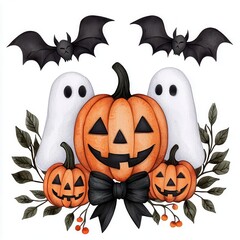Gothic lace with jack-o'-lantern motifs, coquette bow, ghost accents, Halloween design, watercolor, isolated on white background