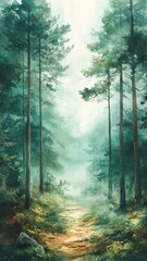 Fototapeta premium Pine forest rendered in watercolor style, capturing the gentle blend of greens and browns with soft, fluid transitions to evoke a serene, natural setting.