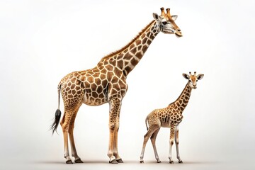 Obraz premium A medium shot stock photo of a majestic giraffe standing against a white background tenderly protecting its giraffe calf, white background, medium shot, mammal, majestic, wildlife, tall