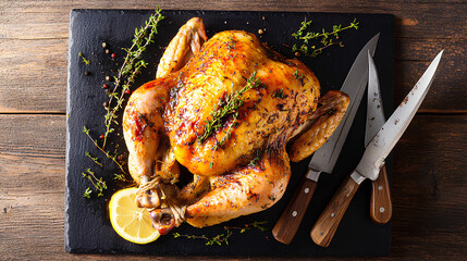 roasted chicken on a wooden board