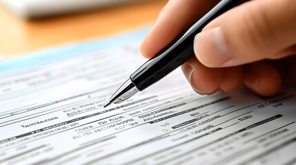 Hand holding a pen over a credit report, evaluating options for refinancing a mortgage, copy space, financial evaluation theme, surreal, Multilayer, modern workspace