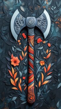 Paper art style axe with layered cut-outs and intricate details.