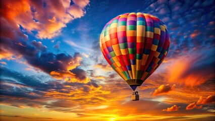 Obraz premium A colorful hot air balloon floats gracefully in the sky creating a beautiful asymmetrical composition against the backdrop of a vibrant sunset and the peaceful silence of nature, floating