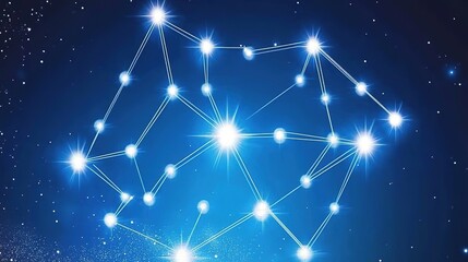 A detailed illustration of a constellation, showcasing the arrangement of stars in a specific pattern against a dark sky. This depiction highlights the unique shapes and connections between the stars,