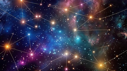 Fototapeta premium A detailed illustration of a constellation, showcasing the arrangement of stars in a specific pattern against a dark sky. This depiction highlights the unique shapes and connections between the stars,