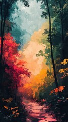 Fototapeta premium Abstract Expressionism style forest with bold strokes and dynamic textures.